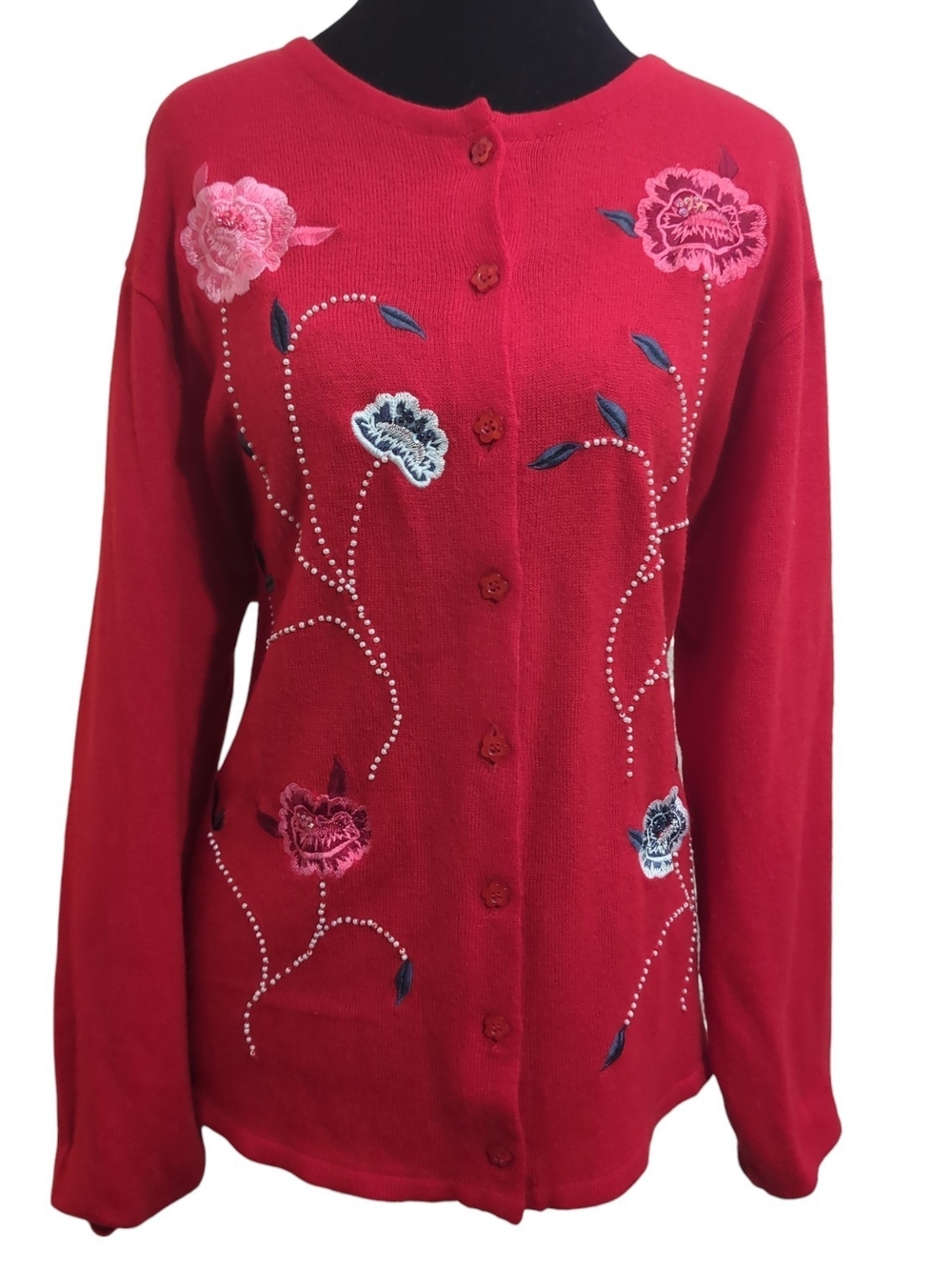 Vintage Haband Red Floral Knit Cardigan L Pearl Beaded Cottagecore Grandmacore